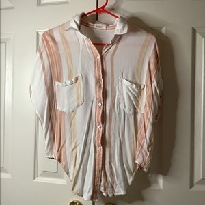 Thread and supply short sleeve button down pink and white shirt size large